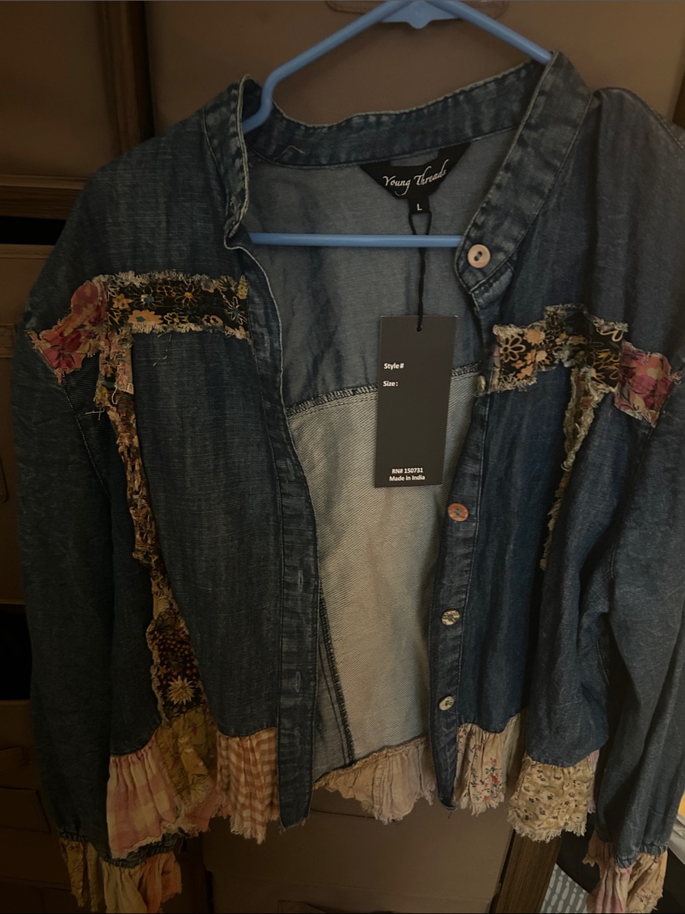 Young Trend Denim Patchwork Button-Up Jacket - Blue with Floral Accents